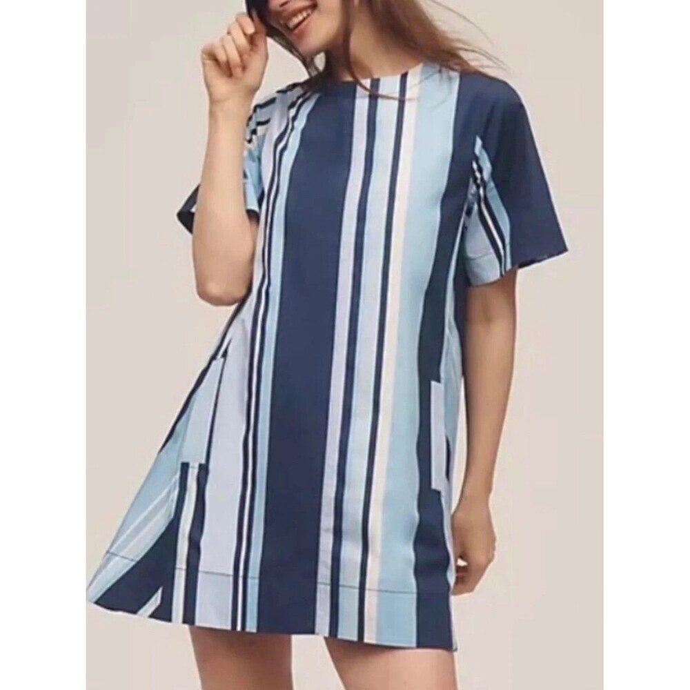 Anthropologie Maeve Emmy Striped Swing Mini Dress Size XXS Blue Short Sleeve